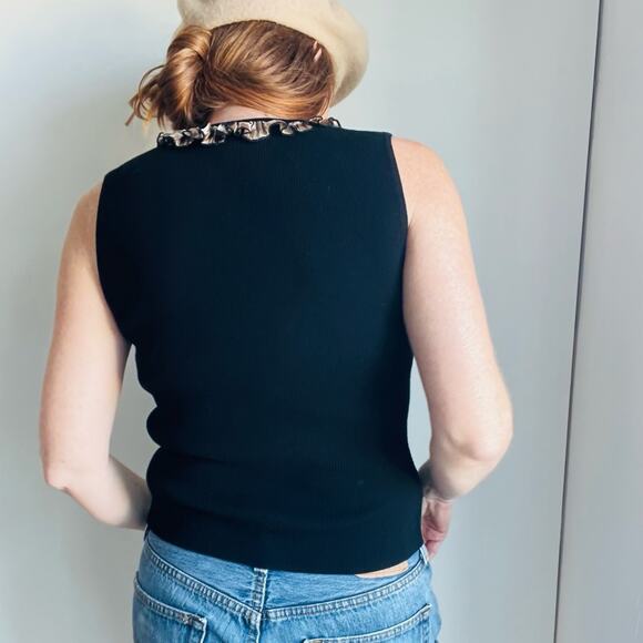 Vintage Ruffle Trim Ribbed Tank Top Black & Animal Print Detail Y2K Glam - Picture 5 of 9